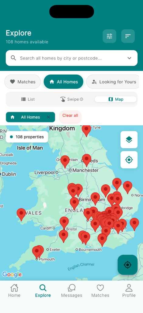 Explore homes on a map across the UK